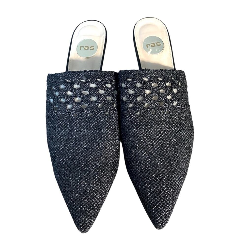 Ras Black Metallic Crochet Woven Point Toe Mules size 40 US 9-9.5